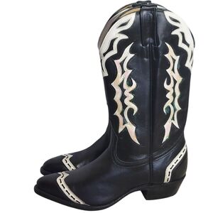 Boulet Black White Leather Glitter Overlays Pointed Toe Western Boots Women's
